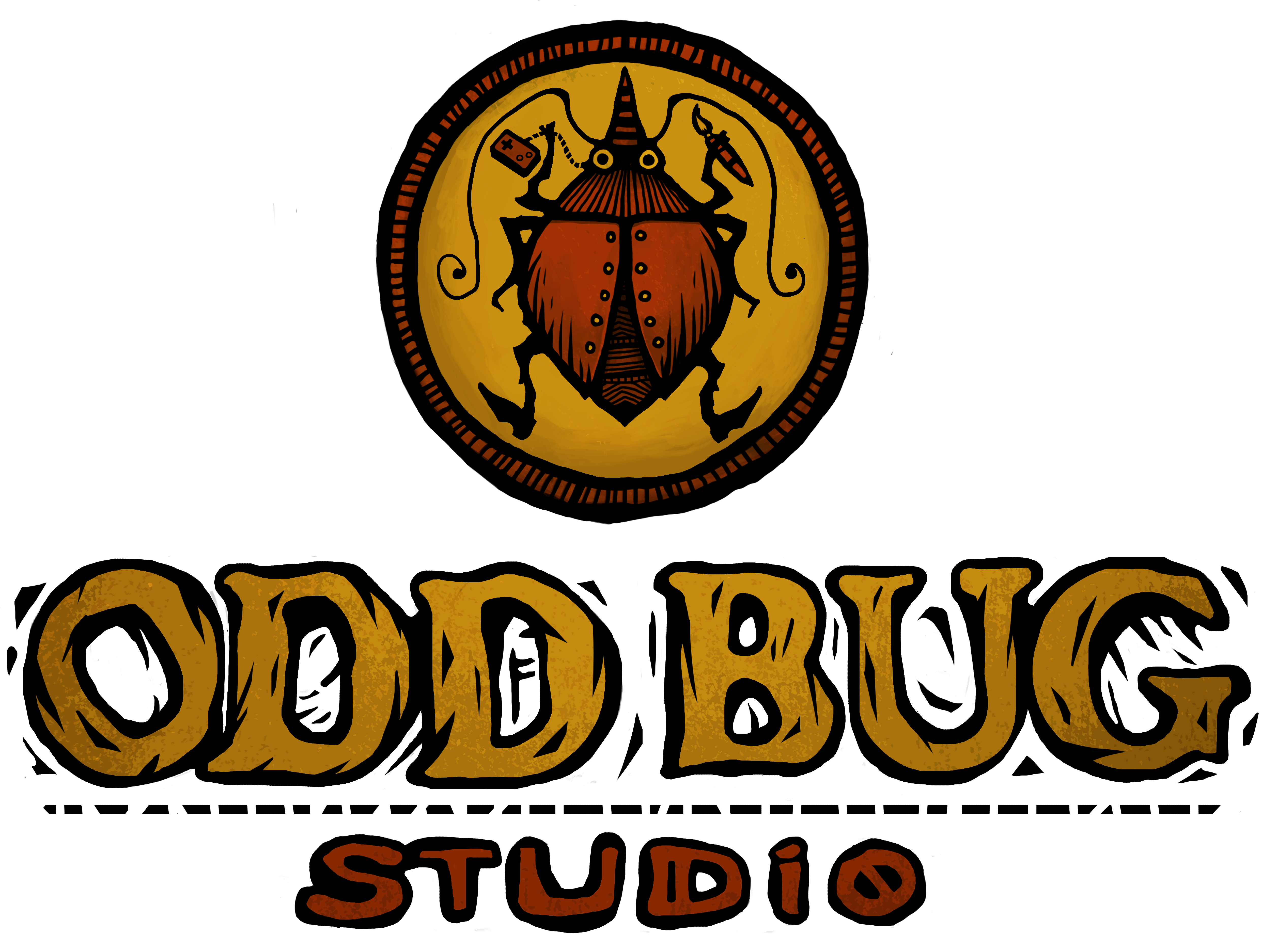 A stylised illustrated dark red beetle in a gold circle and thick black border. The words Odd Bug are in gold and all caps, with studio in a dark red font and all caps underneath